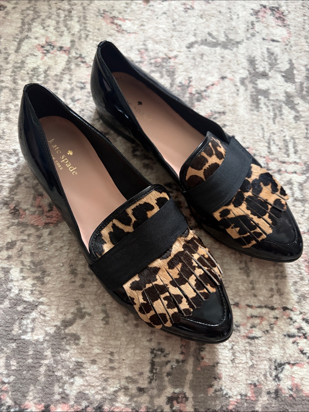kate spade Black Patent Leather Leopard-Print Fringe Loafers